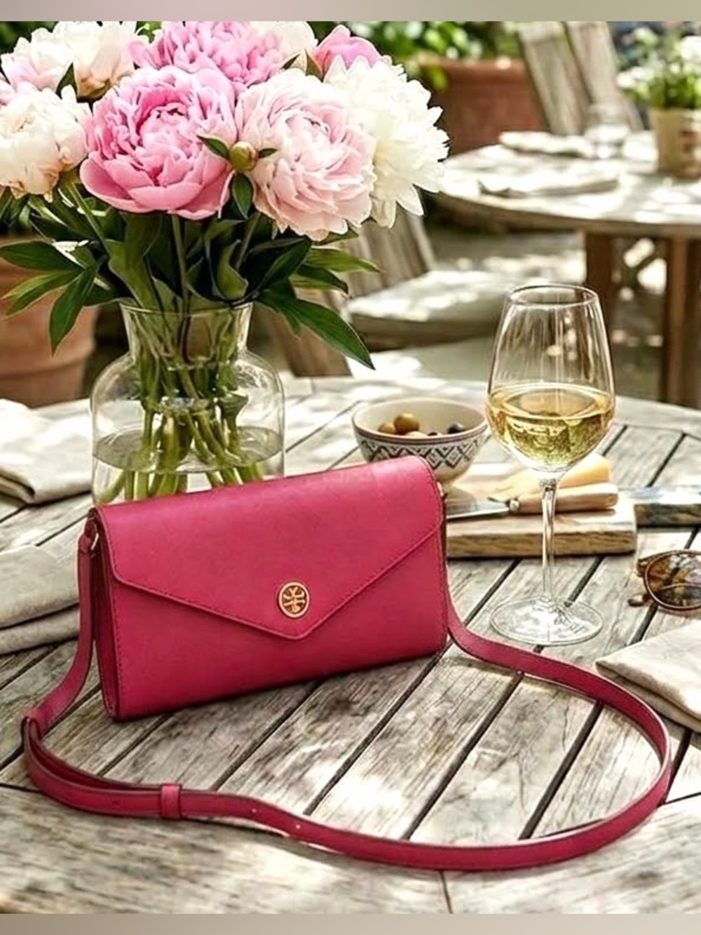 Tory Burch Robinson Expandable Leather Crossbody Wallet Bag Dark Peony pink